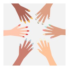 Illustration of the hands of girls with different skin color and manicure color. Vector illustration with beautiful female hands.