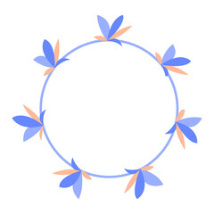 Beautiful decorative wreath of blue and orange  leaves. Flower text circle frame hand drawn vector template. cartoon illustration. Greeting card, invitation, poster design element

