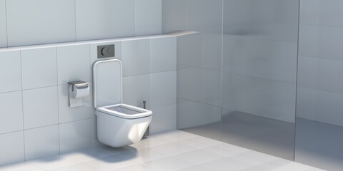 Fototapeta na wymiar Toilet shower douche interior design, tiled wall and floor background. Modern WC, restroom. Bathroom lavatory mockup. 3d illustration