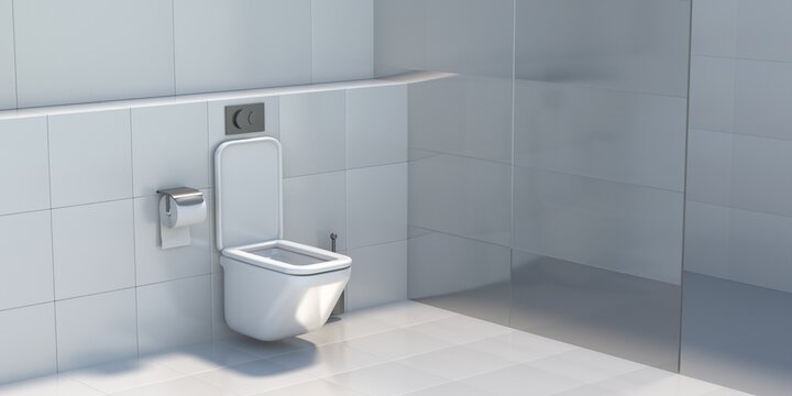 Toilet shower douche interior design, tiled wall and floor background. Modern WC, restroom. Bathroom lavatory mockup. 3d illustration
