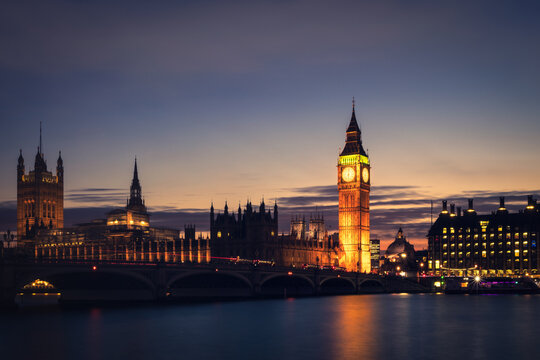 Big Ben, Houses of Parliament and Westminster Bridge during the blue hour. London, UK