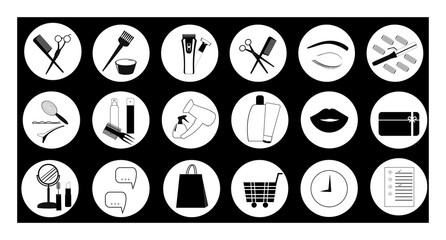 Vector black and white icons for social networks with hairdressing tools, gift card, package and shopping cart. Social media elements for design
