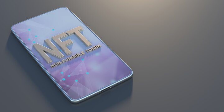 NFT Non Fungible Token text on smartphone, black background. 3d illustration