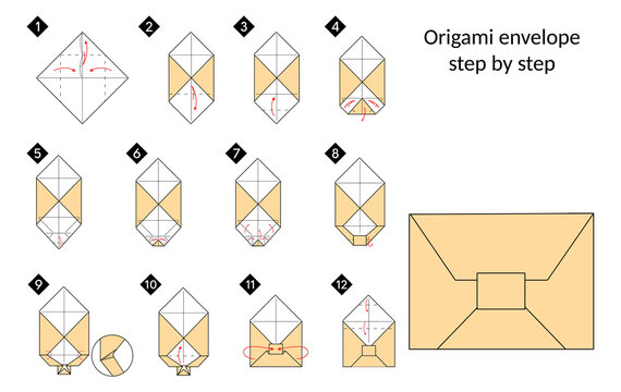 How to make a origami envelope vector illustration. Color black line step by step DIY instruction.