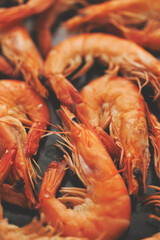 Close up on boiled big sea prawns or shrimps placed on black ceramic plate