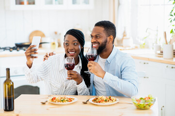 Date At Home. African Spouses Taking Selfie While Having Lunch In Kitchen