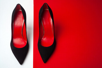 Women's shoes top view. Copy space text.