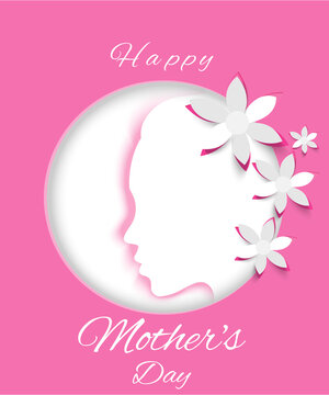 Happy Mother's day. Greeting card with a flowers and womans face on pink background .Applique card ,flowers background .Paper cut flowers . Origami 3D flowers.pink colors.Vector
