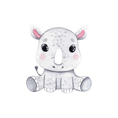 Watercolor hand-drawn illustration with cute baby rhinoceros. Watercolor funny animal for baby graphic suit printing. kids nursery wear fashion design, baby shower invitation card