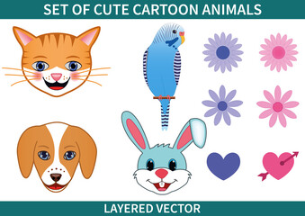 Set of cute cartoon pet animals vector illustration isolated on white. Hand drawn dog, cat, budgerigar, rabbit characters with pink and blue flowers.