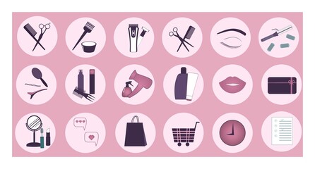 Website. Vector round icons for social networks with hairdressing tools, gift card, package and shopping cart. Social media elements for design.