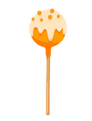 Orange cute round candy with white topping on a stick on white background