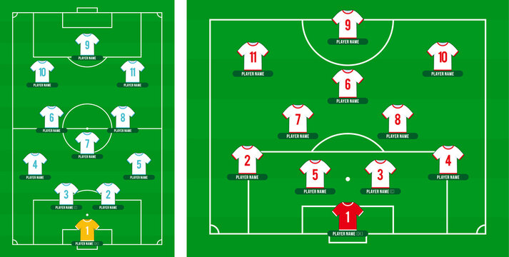 Football Team Formation. World Cup 2022 Qatar Soccer Or Football Field With 11 Shirt With Numbers Vector Illustration. Soccer Lineup