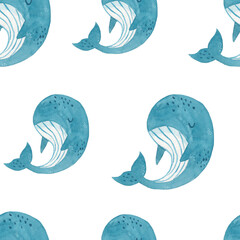 Watercolor cute hand drawn seamless pattern with whales on white background. Watercolor texture in childish style great for fabric and textile, wallpapers, backgrounds. Underwater.