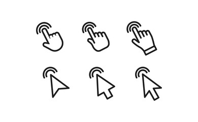 Arrow and hands click icons. Pointer vectors clicking. © Matias