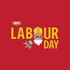 Happy labour day vector label with funky worker on red background. vector happy labor day background or banner with man. workers may day cartoon graphic poster design template