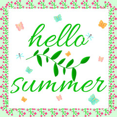 poster Hello summer with plants, leaves and butterflies in a green floral frame