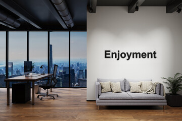 modern luxury loft with skyline view and vintage couch and pc workspace, wall with enjoyment lettering, 3D Illustration