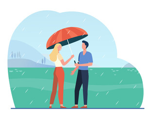 Cartoon couple standing under rain with umbrella. Flat vector illustration. Young happy man and woman talking under umbrella on background of natural landscape. Romantic, nature, rain, weather concept