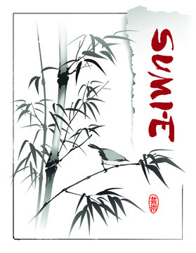 The bird sits on a bamboo stalk. Stylized text "Sumi-e". The text in seal is the hieroglyph "art". Vector illustration in traditional oriental style.