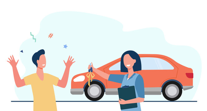 Cartoon woman giving new car keys to happy young man. Flat vector illustration. Car dealer and customer with colorful graphic car in background. Auto, sale, purchase, transport, lottery, prize concept