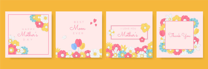 Set of Mother's Day pink yellow white blue green greeting cards with paper cut flowers and typography. Suit for social media post and stories. Can be used for creative universal template