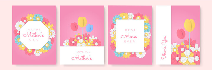 Set of Mother's Day pink yellow white blue green greeting cards with paper cut flowers and typography. Suit for social media post and stories. Can be used for creative universal template