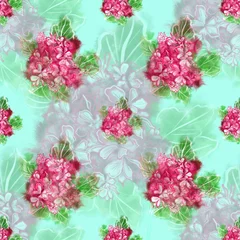 Rolgordijnen Red pelargonium seamless floral pattern with on a turquoise background  © Maria