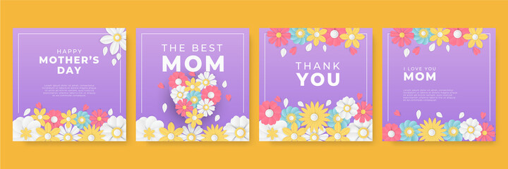Set of Mother's Day pink yellow white blue green greeting cards with paper cut flowers and typography. Suit for social media post and stories. Can be used for creative universal template