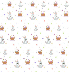 Seamless vector pattern with bunny and basket with eggs. Happy Easter