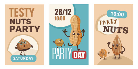 Set of happy nuts characters invitations. Cartoon vector illustration. Cute nuts template for Sunday party in flat colorful design. Party, health, fantasy concept for banner design, landing page