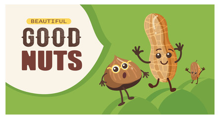 Funny nuts characters poster template. Cartoon vector illustration. Beautiful good nuts template in flat colorful design. Health, diet, fantasy, concept for banner design, landing page