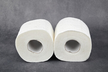 Two rolls of white toilet paper lying horizontally next to each otherground.