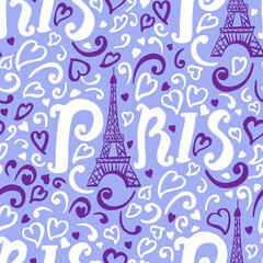 Seamless pattern. Eiffel Tower hand drawing. Modern Bright surface design for kids. White, purple abstract hearts and curl sketch. Vector illustration is isolated on a blue background. Paris lettering