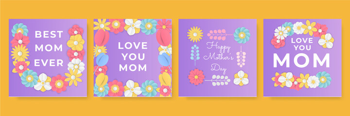 Mother's day pink green purple white yellow greeting card with flowers background. Mothers day holiday banner. Spring floral vector illustration. Greeting realistic cherry flowers card template