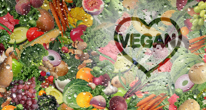 Vegan love and vegetarian fresh fruit and vegetable behind a cold glass with condensation and natural raw fruits and vegetables as healthy organic food in a refrigerator as a veganism symbol for good 