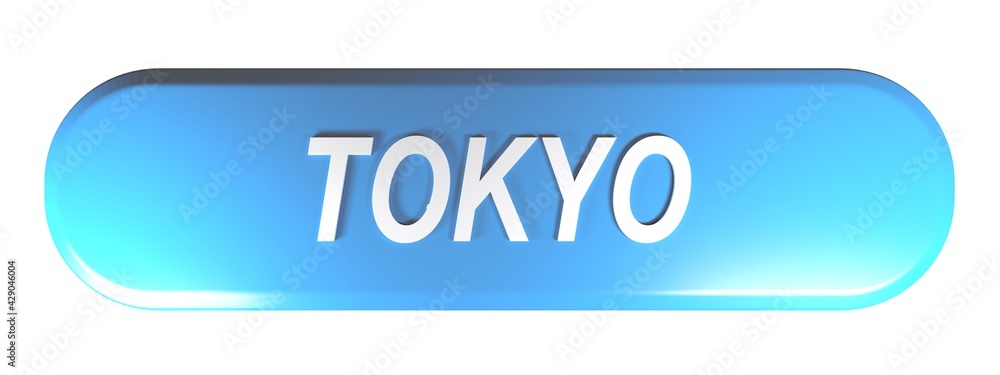 Poster tokyo blue rounded rectangular push button on white background - 3d rendering illustration