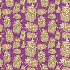 A luxurious pattern of confectionery on a purple background, golden cupcakes with a candle and strawberries