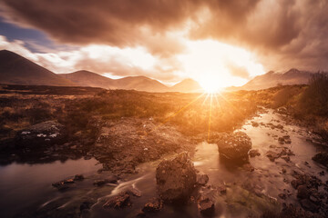 Isle of Skye, Scotland, UK. Sligachan view over Black Cuillin mountains at sunrise