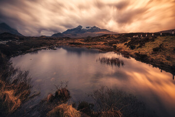 Isle of Skye, Scotland, UK. Sligachan view over Black Cuillin mountains at sunset