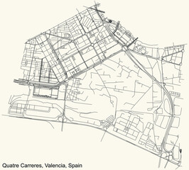 Black simple detailed street roads map on vintage beige background of the quarter Quatre Carreres district of Valencia, Spain