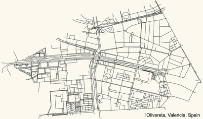 Black simple detailed street roads map on vintage beige background of the quarter Olivereta district of Valencia, Spain