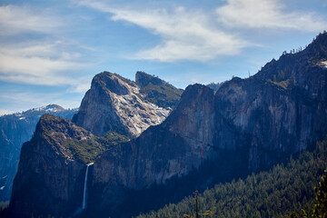 Bridalveil Fall and Surrounding Mountains Wide View Yosemite Valley