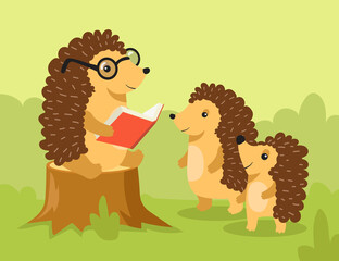 Old happy hedgehog reading book to little hedgehogs. Flat vector illustration. Cartoon hedgehog in glasses sitting on stump, telling stories to kids. Wild animal, nature, fantasy, fairytale concept © PCH.Vector