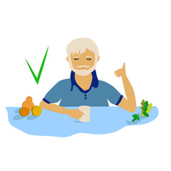 Healthy food, vector flat style illustration.
An elderly man is having breakfast with fresh fruits and vegetables.