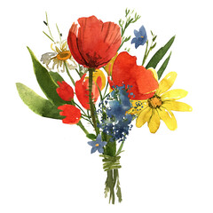 watercolor flowers bouquet with  red poppies, leaves , wildflowers, meadow flowers, garden flowers cut out on white background