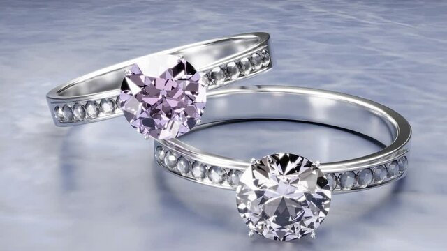Diamond rings made of platinum gold decorated with many small diamonds placed on a marble surface.  Elegant wedding diamond ring for women. 3D Rendering