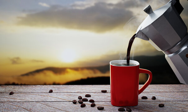 Pour freshly brewed coffee or espresso from the Mocha Pot into a red coffee mug. Hot coffee in a mug placed on the tabletop or wooden balcony. Morning mountain view, morning sunshine. 3D Rendering