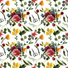 watercolor flowers seamless pattern with eucalyptus branches  and peonies cut out on white background