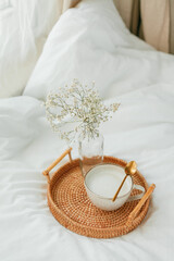 Breakfast in bed, cappuccino, wicker tray, spring, home decor. Cozy.